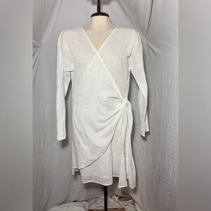 White Wrap Tunic Top Mini Dress Size L Sustainable Linen -Look